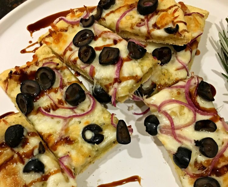 Chebe Focaccia with Black Olives, Shallots and Rosemary